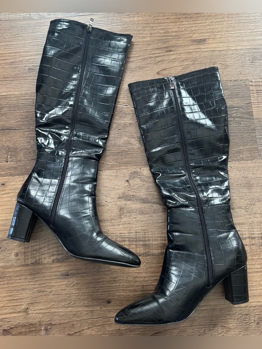 Women's Knee High 10 Faux Leather Black Pointed Toe Zip Block Heel Boots Sexy